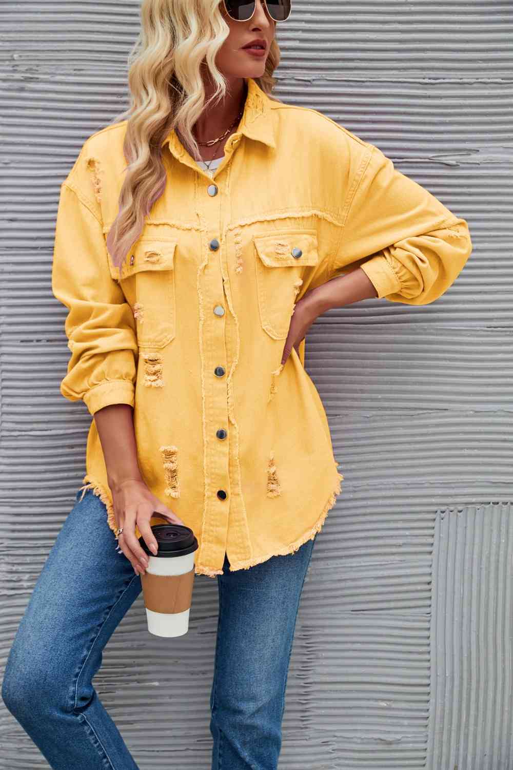 Distressed Raw Hem Denim Jacket - KAISERINC
