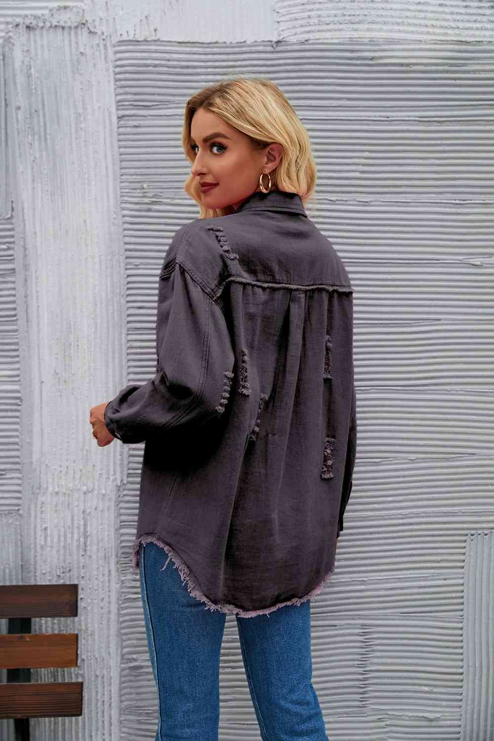 Distressed Raw Hem Denim Jacket - KAISERINC