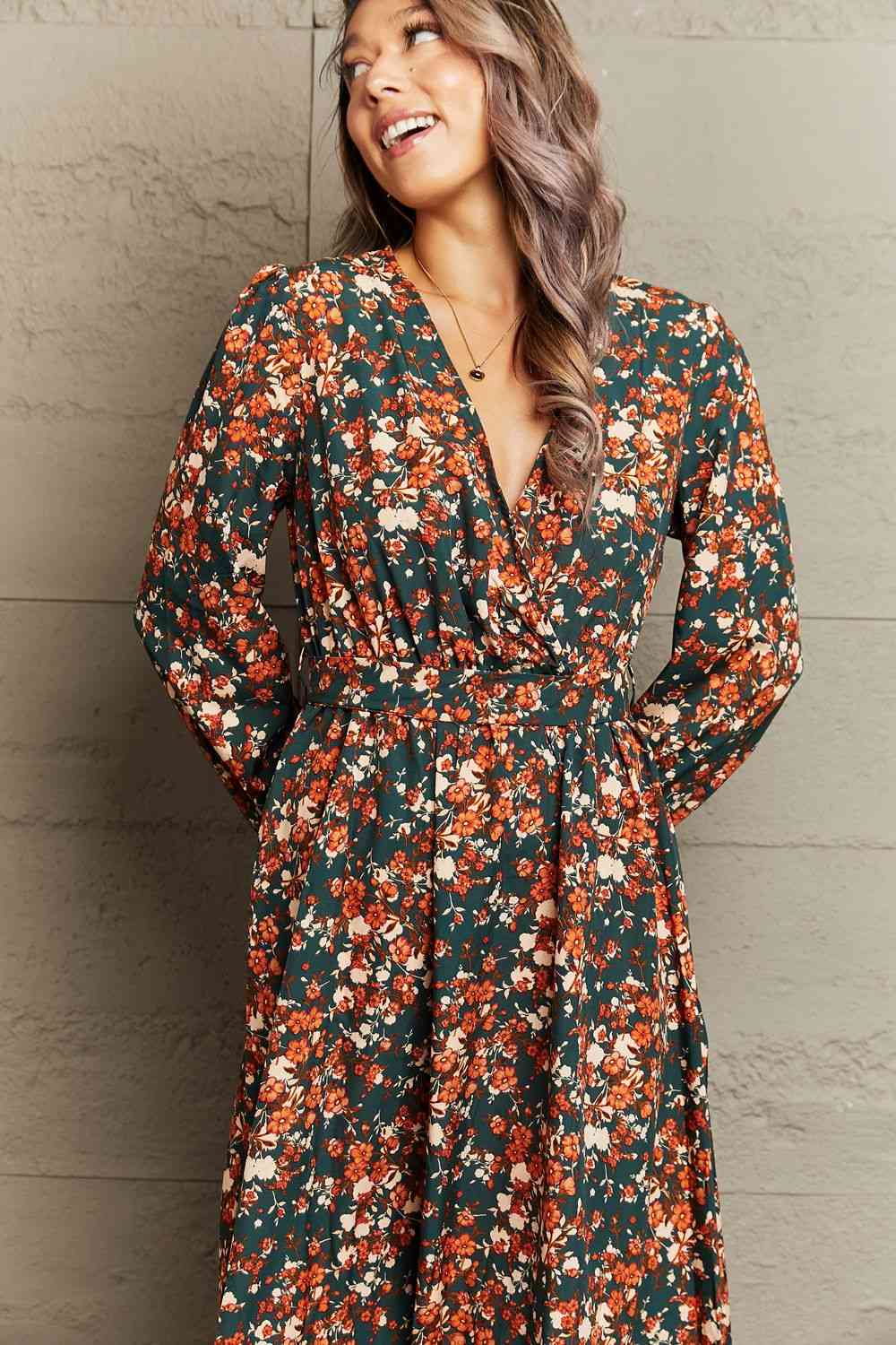 Printed Surplice Neck Long Sleeve Dress - KAISERINC